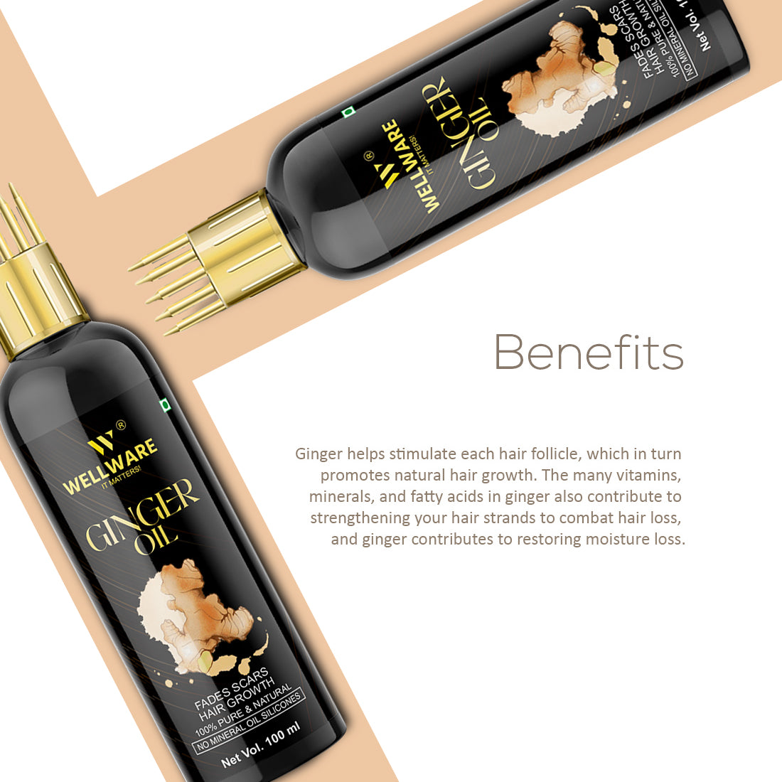 WELLWARE 100 % Pure Ginger Hair Oil - WITH COMB APPLICATOR - Cold Pressed - Hair Regrowth Hair Oil (100 ml)