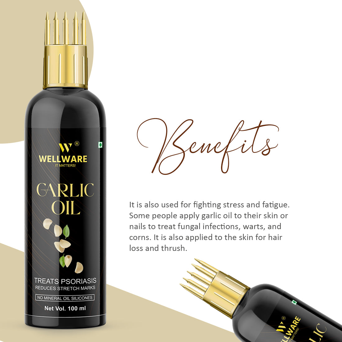 WELLWARE 100 % Pure Garlic Hair Oil - WITH COMB APPLICATOR - Cold Pressed - Hair Regrowth Hair Oil