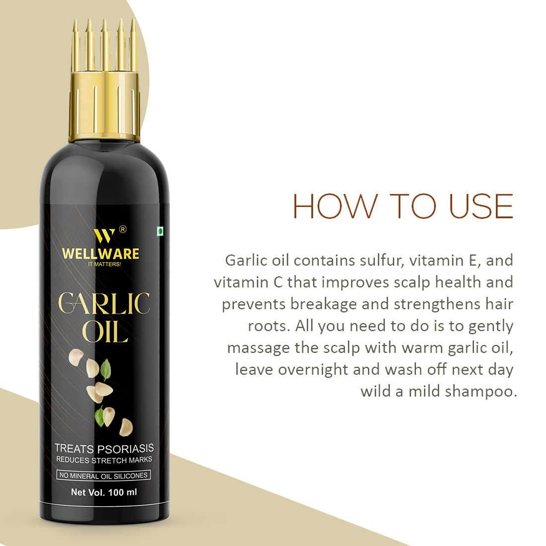 WELLWARE 100 % Pure Garlic Hair Oil - WITH COMB APPLICATOR - Cold Pressed - Hair Regrowth Hair Oil