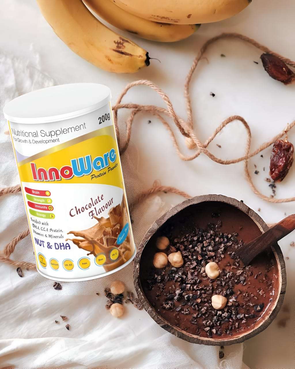 WellWare InnoWare Protien Powder with NUT,DHA & GLA Health Supplement And Nutritional Protein Mix For Adults-(Rich Chocolate Flavor, 200 Gms, Jar) with 25 Vital Nutrients to Support Strength, Immunity & Active Life