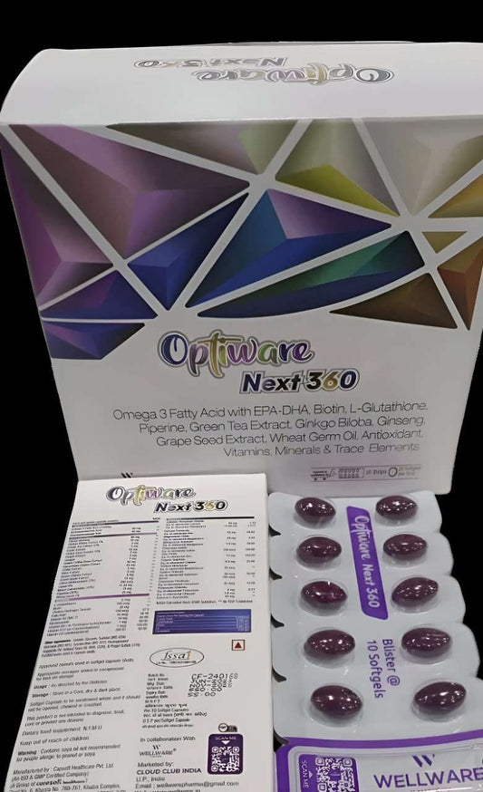 Optiware Next 360 Capsules  | Omega Manage Blood Cholesterol & Triglyceride Levels  | Multivitamin and Multimineral Supplement I Support Heart &  Eye Health Vision  I  Helps Regeneration of Cells  10*10 Capsules