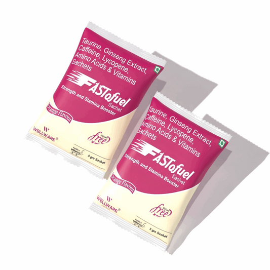 WELLWARE  Fast-O-Fuel  Sachet,  Lycopene with Multivitamin, Amino Acid, Ginseng ,Zinc L-Taurine 500mg L-Carnitine 250mg & L-Glutamine 150mg -Sugar Free Orange- Pack of 6*5gm Sachet