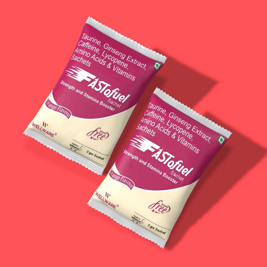 WELLWARE  Fast-O-Fuel  Sachet,  Lycopene with Multivitamin, Amino Acid, Ginseng ,Zinc L-Taurine 500mg L-Carnitine 250mg & L-Glutamine 150mg -Sugar Free Orange- Pack of 6*5gm Sachet